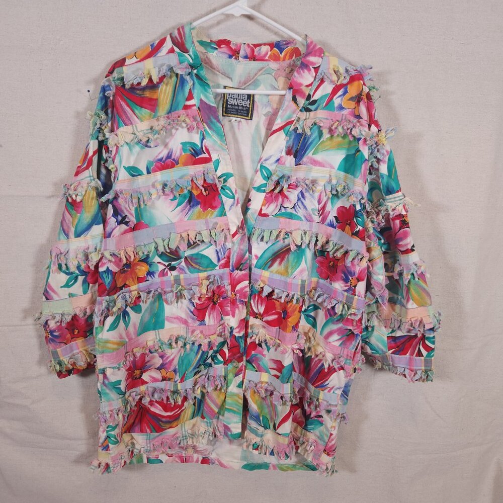 Paula Sweet Muslin Mink Jacket Small Floral Fringe Cardigan Art To Wear Ruffles